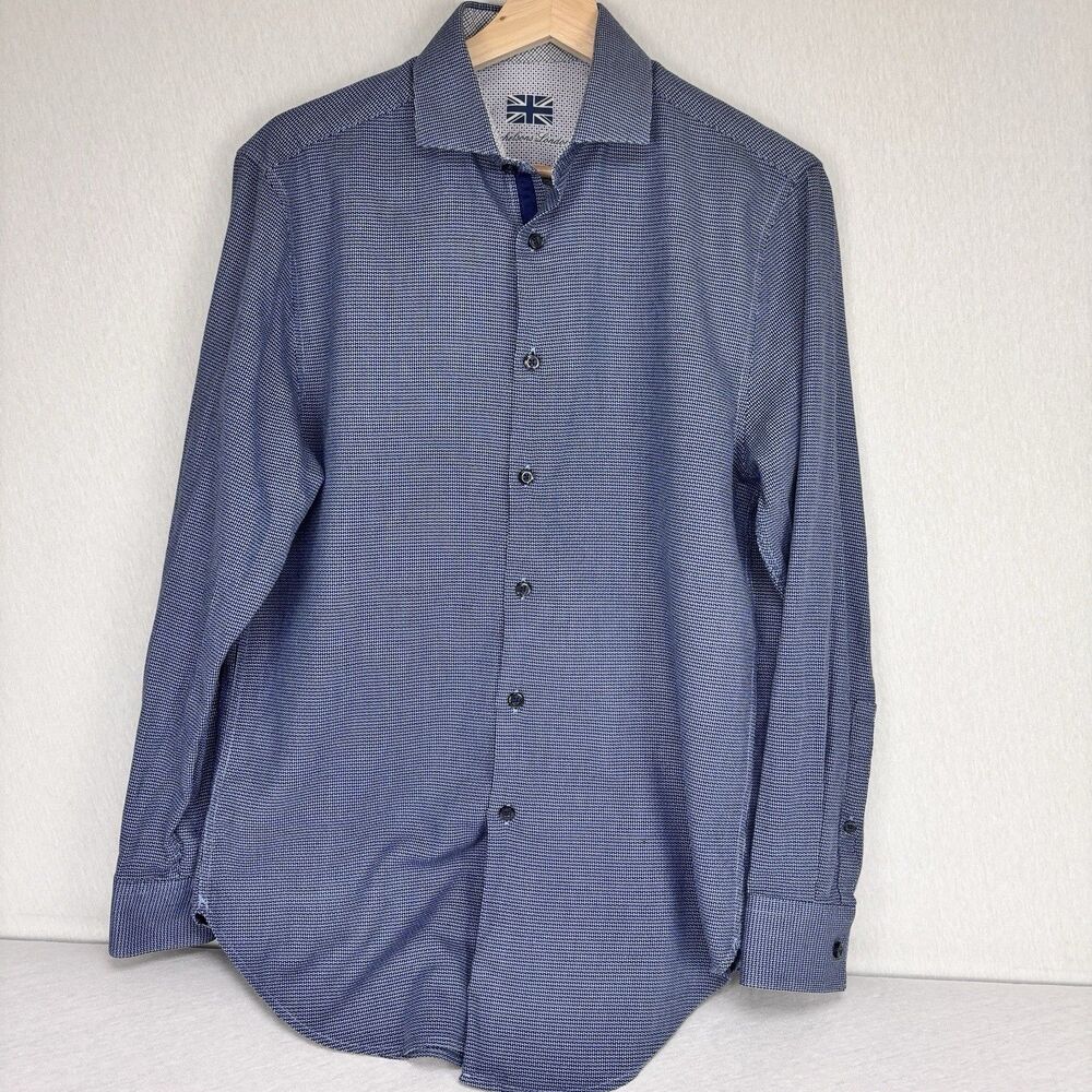 Michelsons London Shirt S Blue Basketweave Check Union Jack Cotton